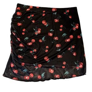Cherry Print Mesh Ruched Mini Skirt - Size XL Black Red Y2K Fruitcore NWT